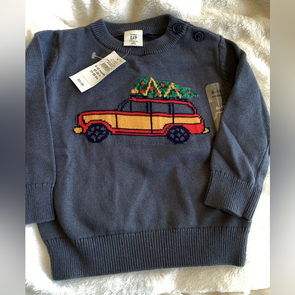 🌲Baby GAP Intarsia Sweater Christmas Tree Truck NEW 6-12 Months Blue - Picture 1 of 3